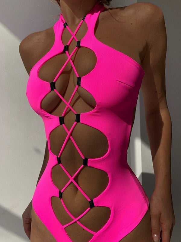 Roman-knot Hollow Out Halter One Piece