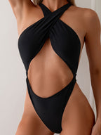 Cross Back Halter Hollow Out Adjustable Strap One Piece