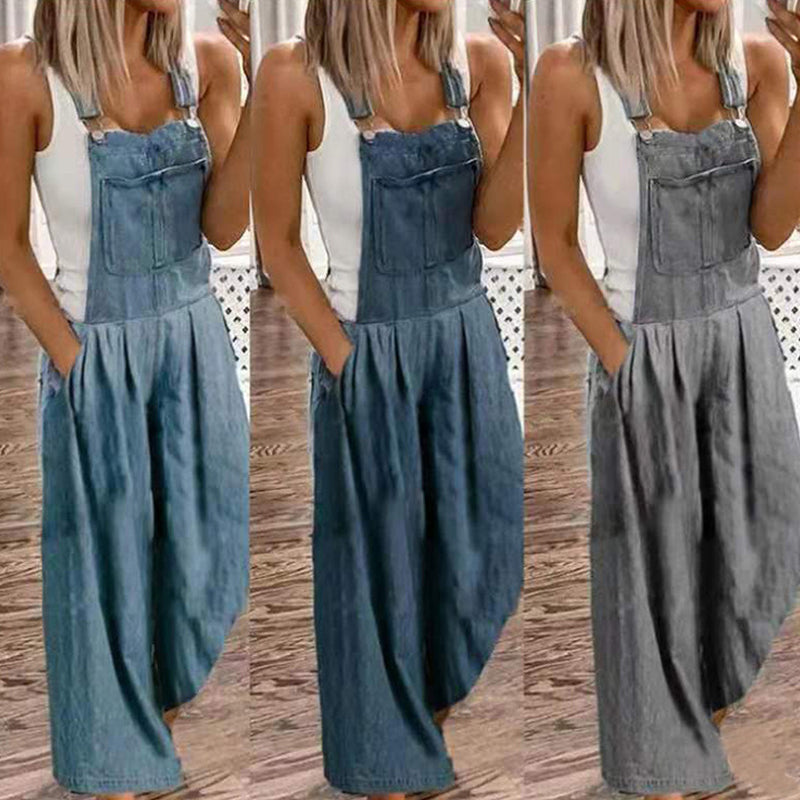 Casual denim overalls with wide leg pants and pockets