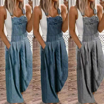 Casual denim overalls with wide leg pants and pockets