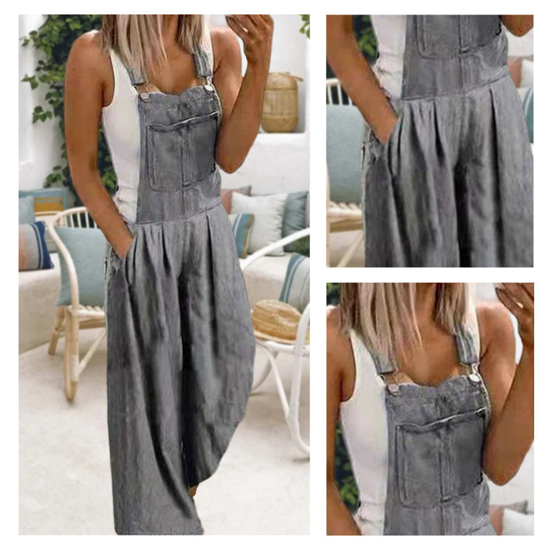 Casual denim overalls with wide leg pants and pockets