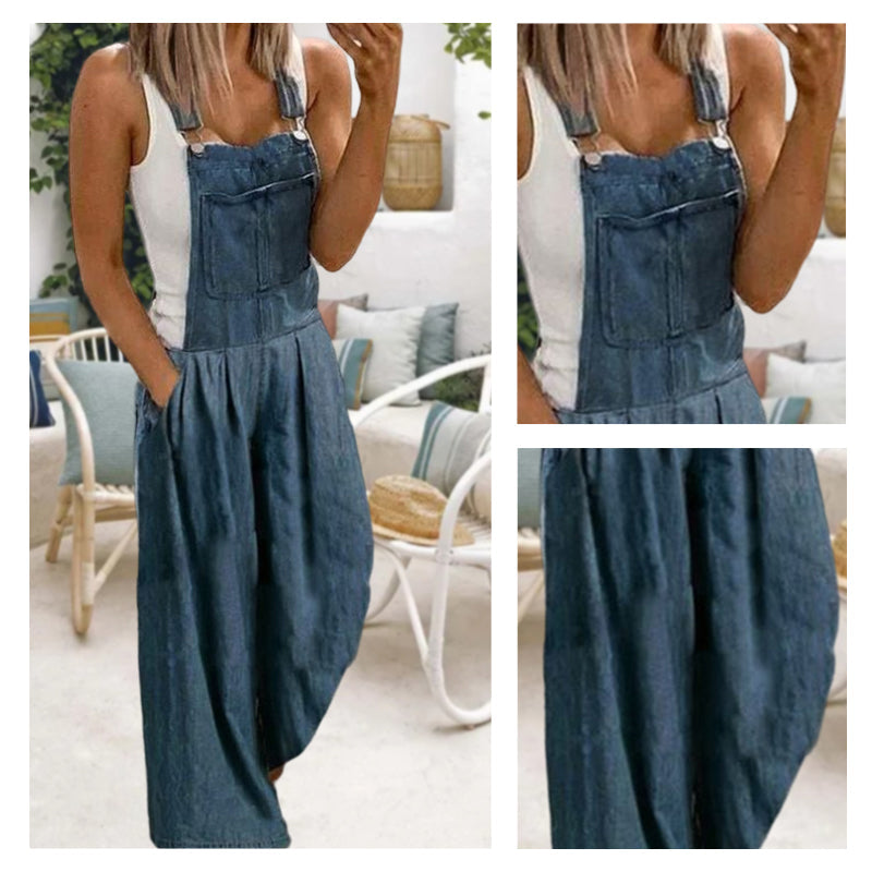 Casual denim overalls with wide leg pants and pockets