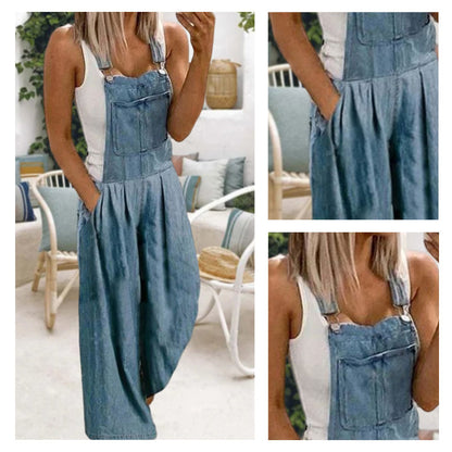 Casual denim overalls with wide leg pants and pockets