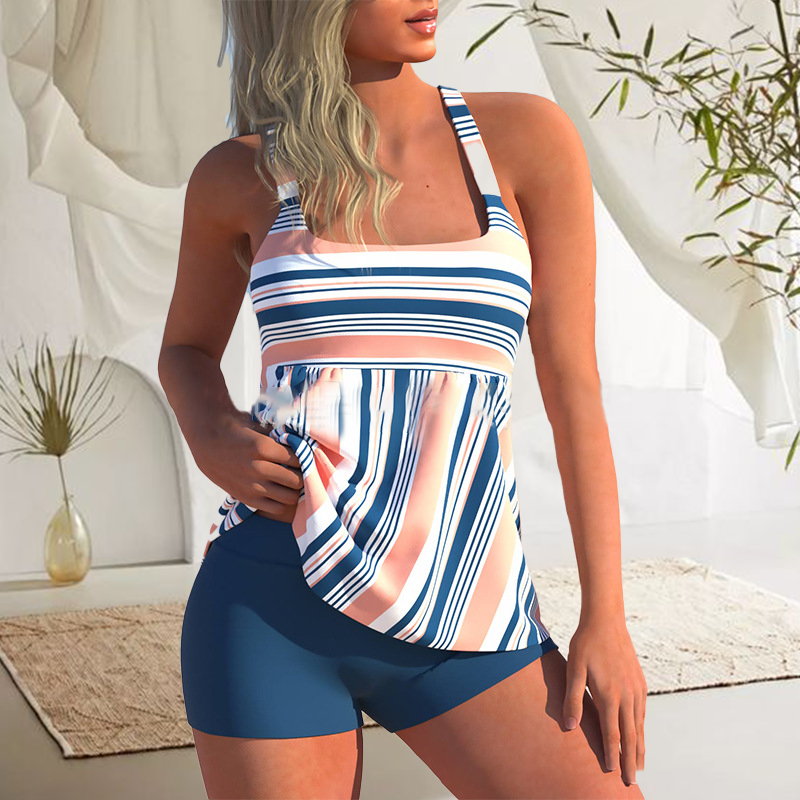 Striped tankini with high waisted boxer shorts