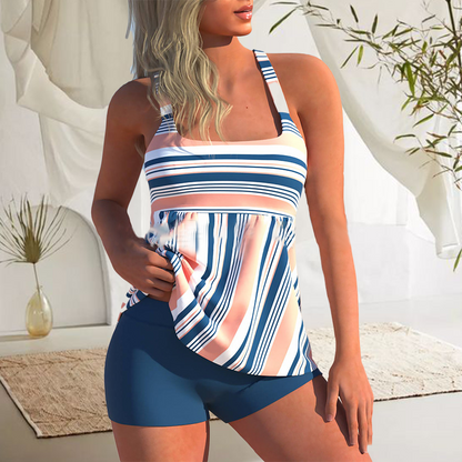 Striped tankini with high waisted boxer shorts