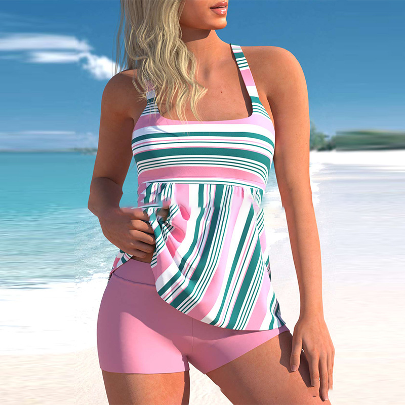 Striped tankini with high waisted boxer shorts