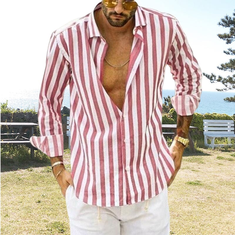 Men's Summer Sequin Cotton Linen Striped Button Down Shirt.