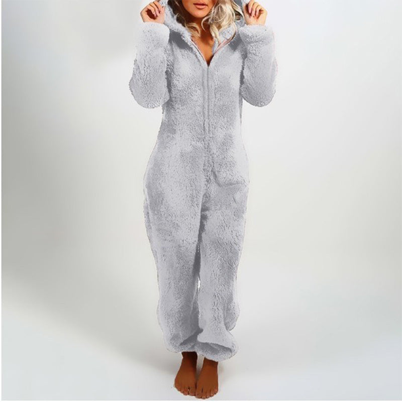 Plush fleece romper one-piece pajama for women