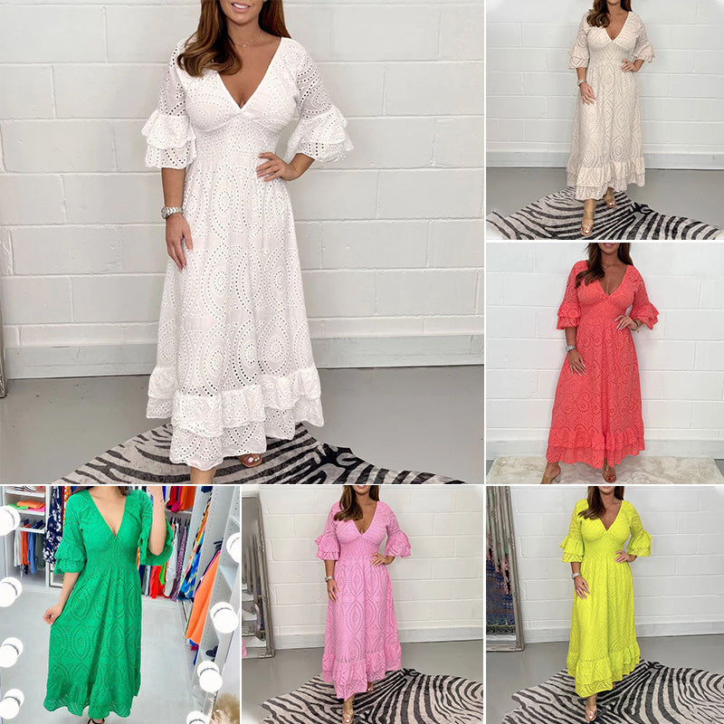 Vestido midi con mangas de volantes bordados estilo inglés