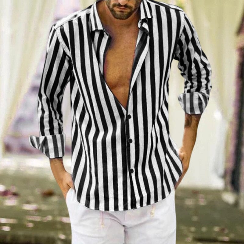 Men's Summer Sequin Cotton Linen Striped Button Down Shirt.