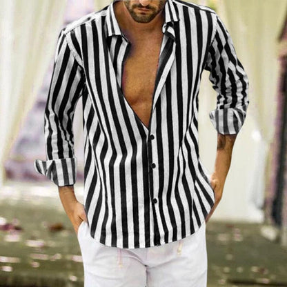 Men's Summer Sequin Cotton Linen Striped Button Down Shirt.