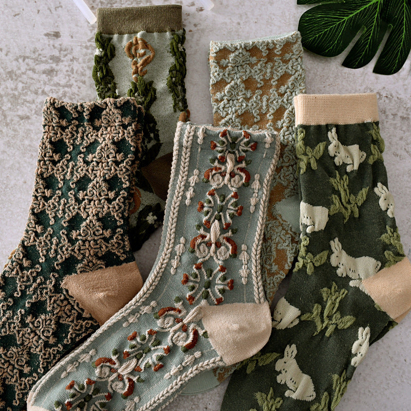 5 pares de calcetines de algodón con flores para mujer