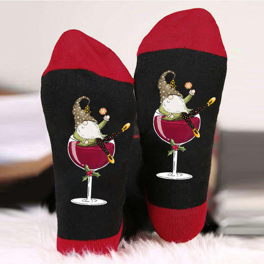 Calcetines unisex de caña alta con diseño de gnomo y copa de vino