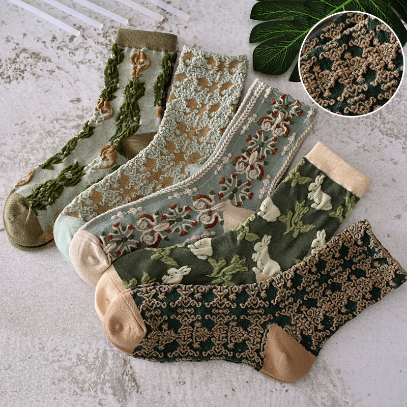 5 pares de calcetines de algodón con flores para mujer