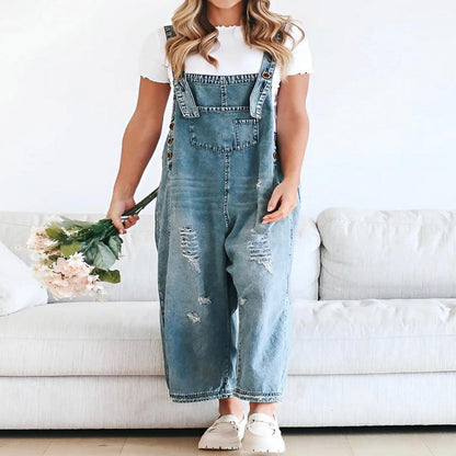 Loose fit distressed denim jumpsuit