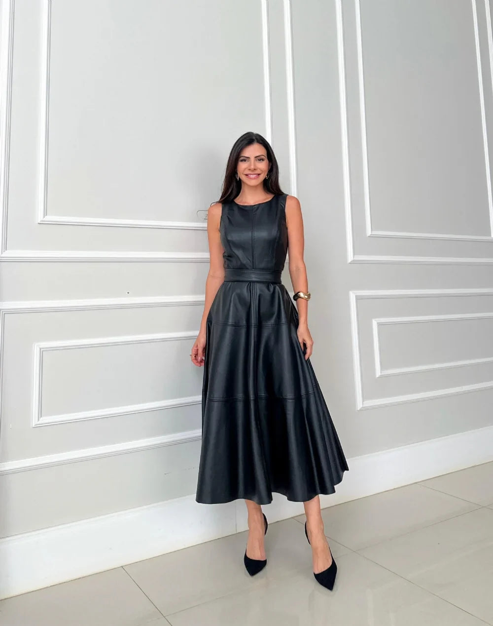 Timeless Allure – Black Faux Leather Midi Dress