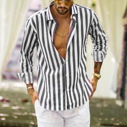 Men's Summer Sequin Cotton Linen Striped Button Down Shirt.