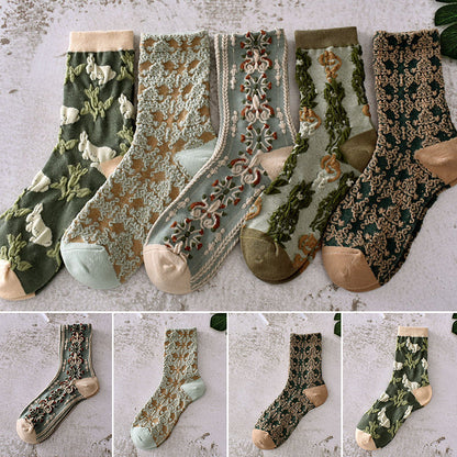 5 pares de calcetines de algodón con flores para mujer