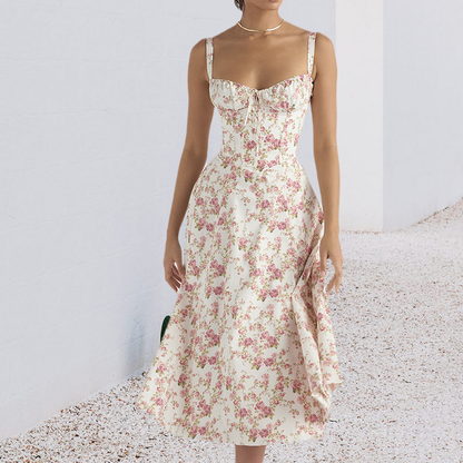 Carmen print bustier with sundress. 