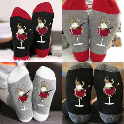 Calcetines unisex de caña alta con diseño de gnomo y copa de vino