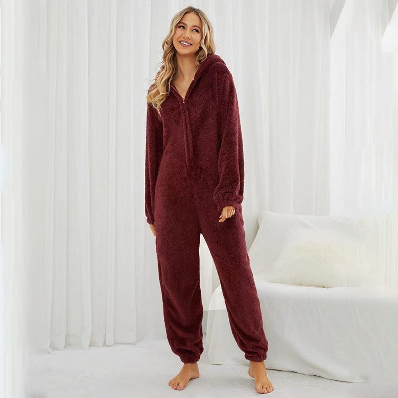 Plush fleece romper one-piece pajama for women