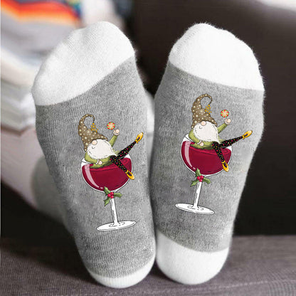 Calcetines unisex de caña alta con diseño de gnomo y copa de vino