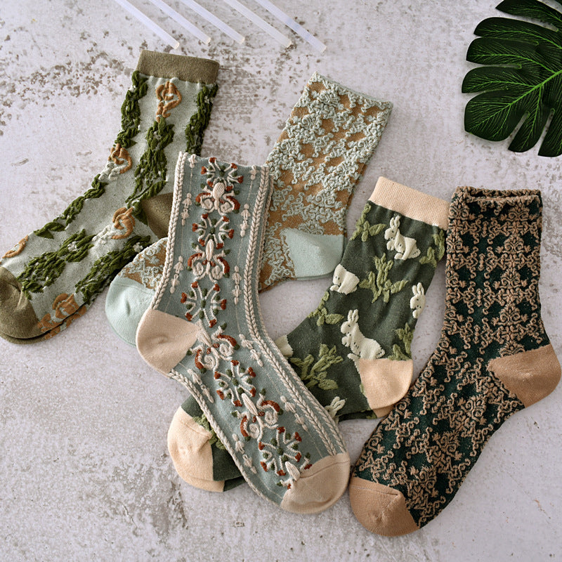 5 pares de calcetines de algodón con flores para mujer