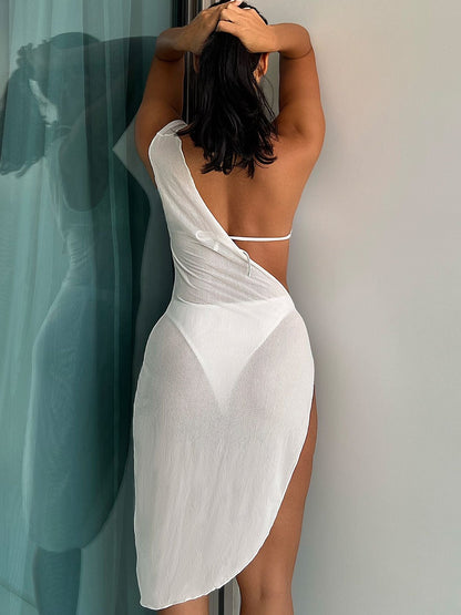 Conjunto de bikini de 3 piezas de malla sin espalda de color sólido 