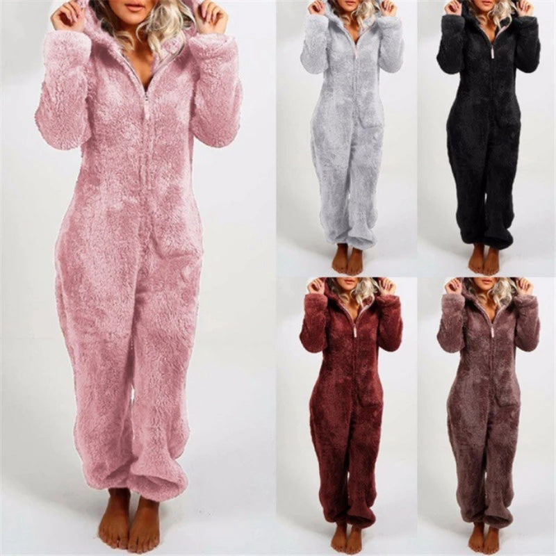 Plush fleece romper one-piece pajama for women