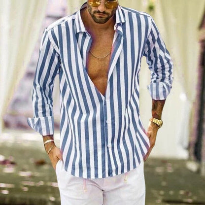 Men's Summer Sequin Cotton Linen Striped Button Down Shirt.