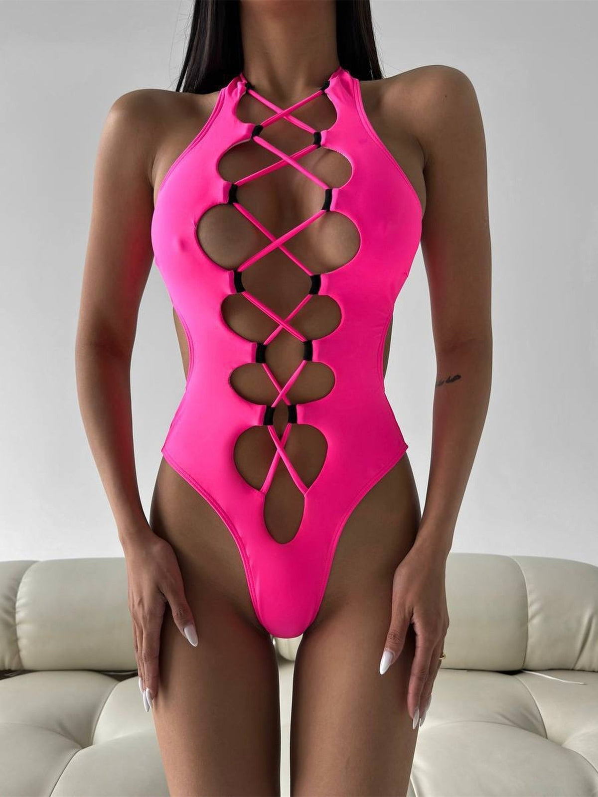 Roman-knot Hollow Out Halter One Piece