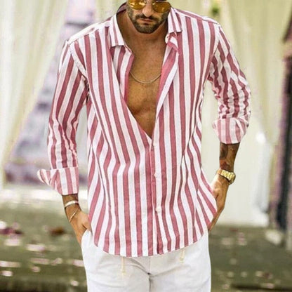 Men's Summer Sequin Cotton Linen Striped Button Down Shirt.