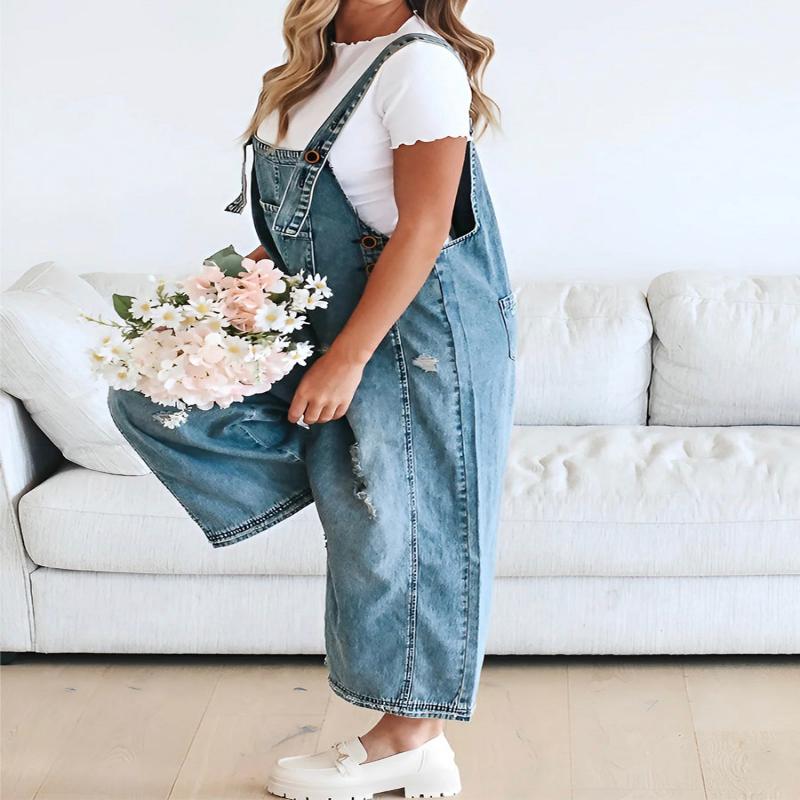 Loose fit distressed denim jumpsuit