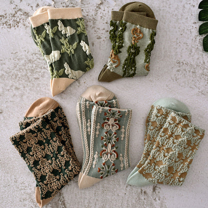 5 pares de calcetines de algodón con flores para mujer