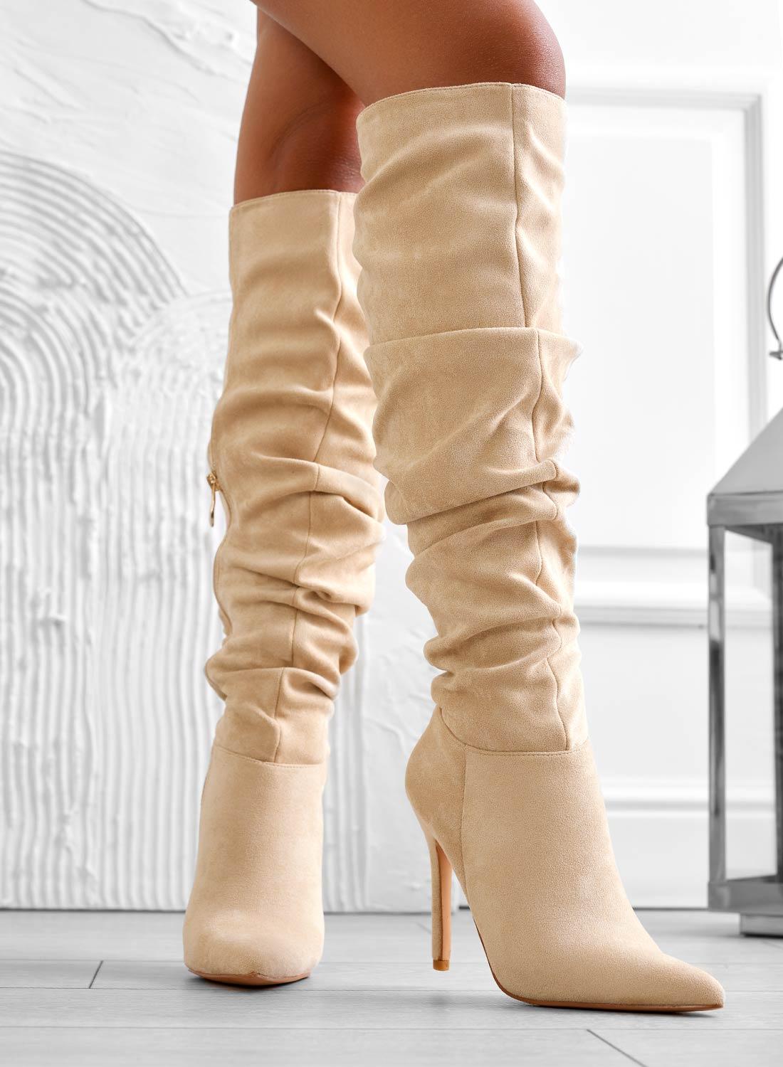 SELENA – Beige heeled boots with high stiletto heel.