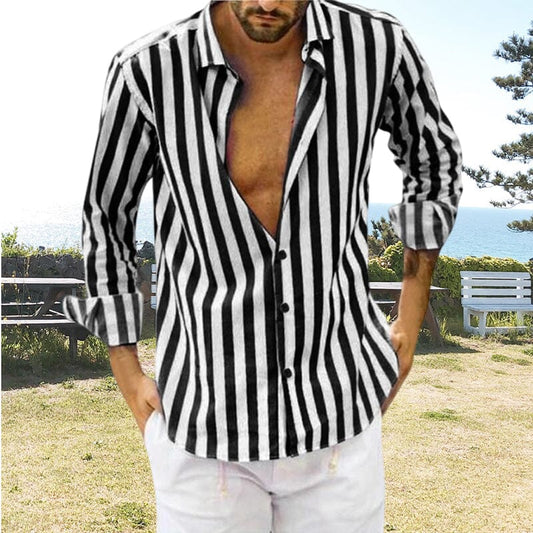 Camisa de hombre de lentejuelas de verano de algodón y lino con rayas y botones.