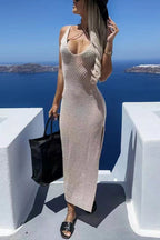Solid Color V-neck Hollow Beach Knitted Cover-up Midi Dress