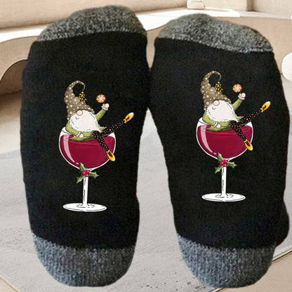 Calcetines unisex de caña alta con diseño de gnomo y copa de vino