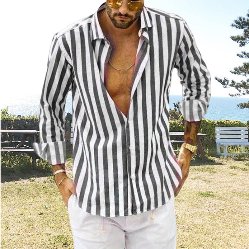 Men's Summer Sequin Cotton Linen Striped Button Down Shirt.