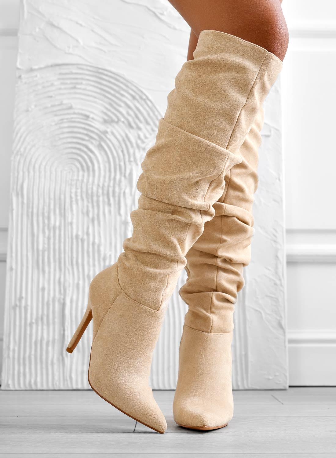 SELENA – Beige heeled boots with high stiletto heel.