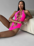 Roman-knot Hollow Out Halter One Piece