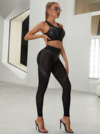 Female Fly-Eye Fishnet Breathable PU Booty Leggings