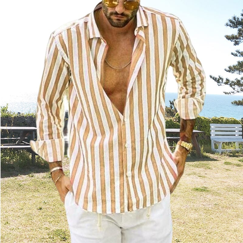 Men's Summer Sequin Cotton Linen Striped Button Down Shirt.