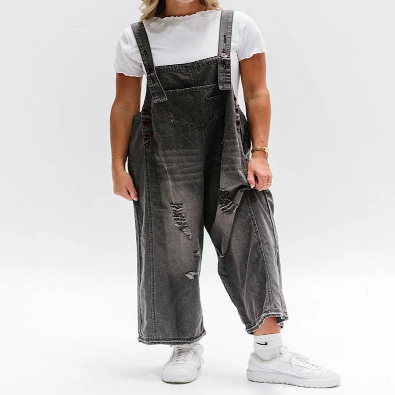 Loose fit distressed denim jumpsuit