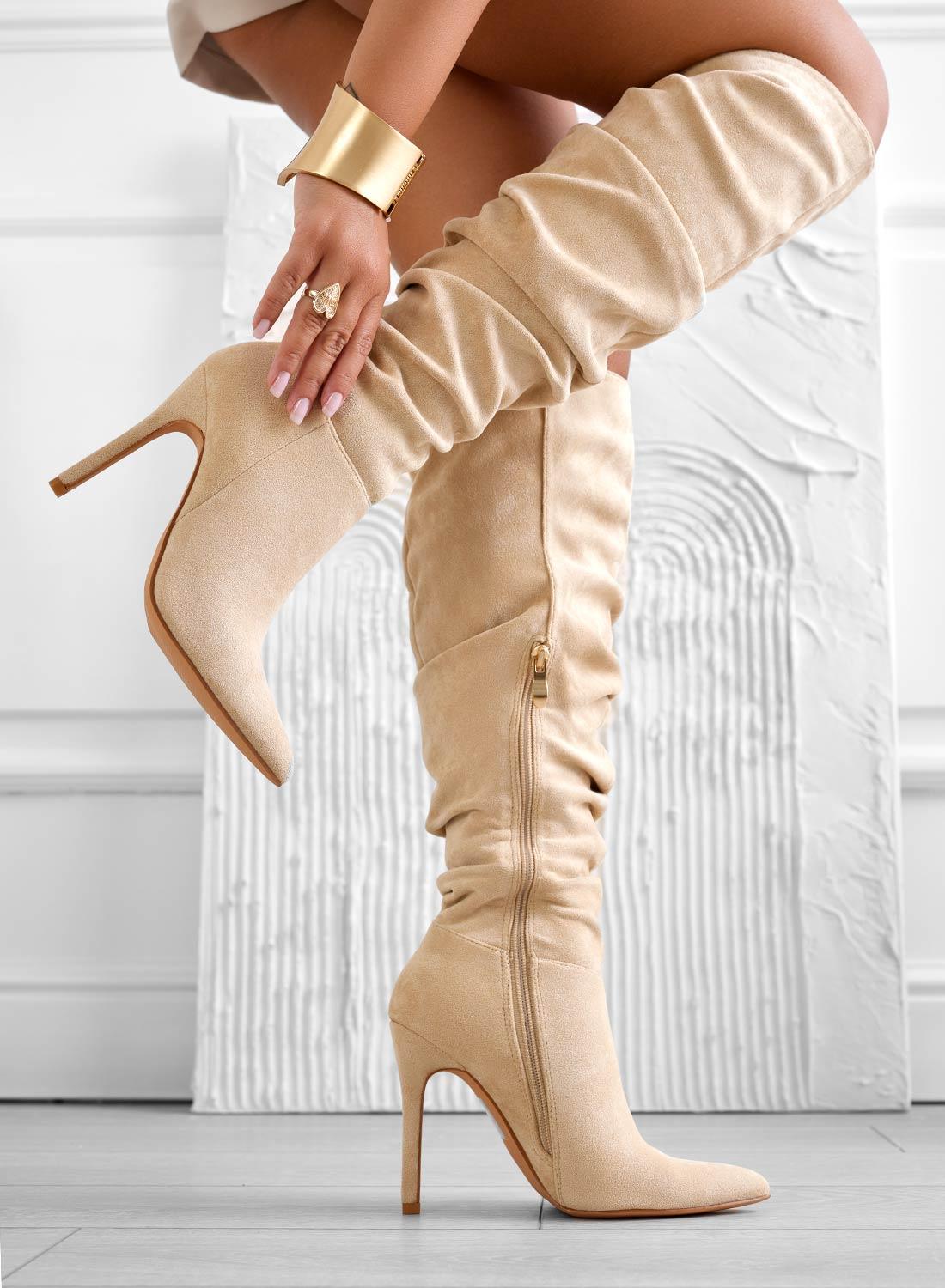 SELENA – Beige heeled boots with high stiletto heel.
