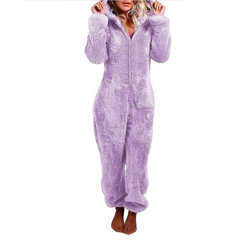 Plush fleece romper one-piece pajama for women
