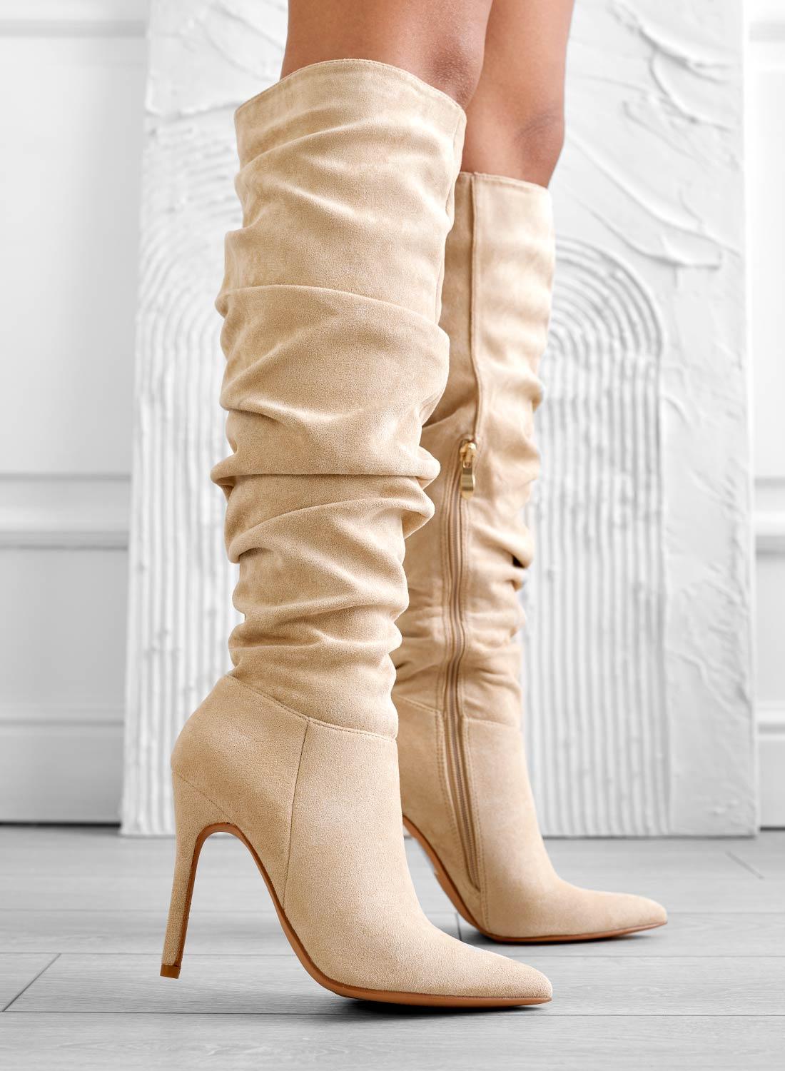 SELENA – Beige heeled boots with high stiletto heel.