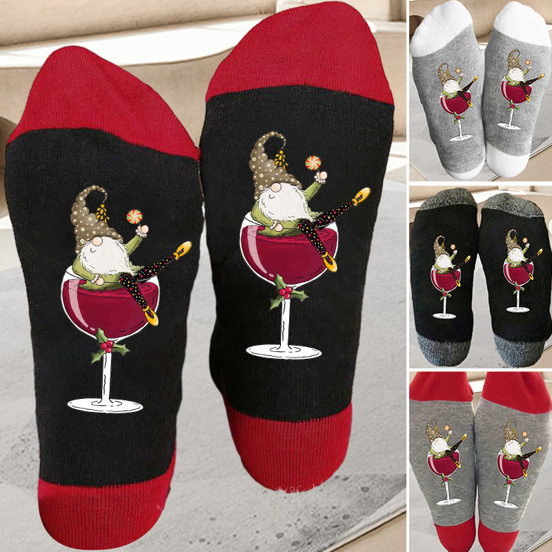 Calcetines unisex de caña alta con diseño de gnomo y copa de vino