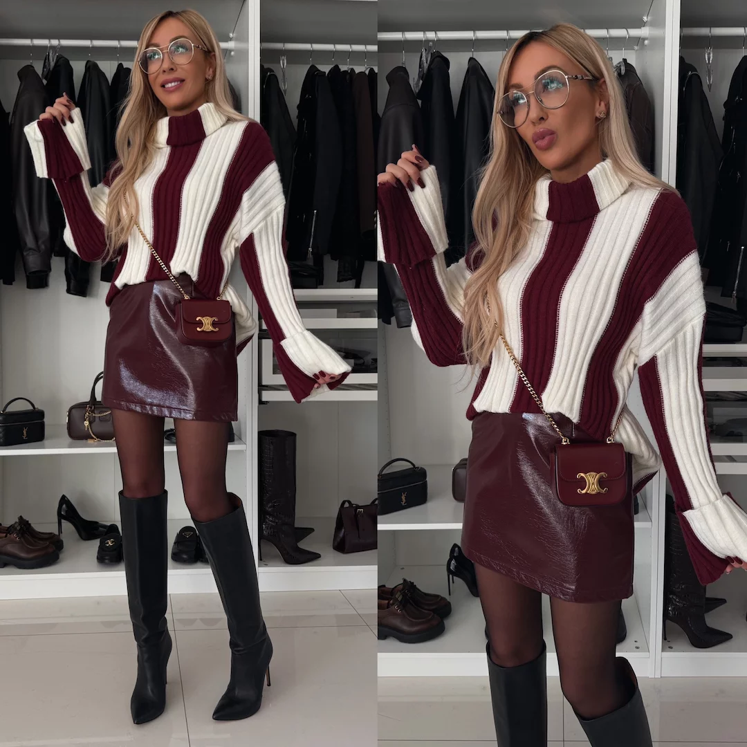 Striped Knit Turtleneck Sweater