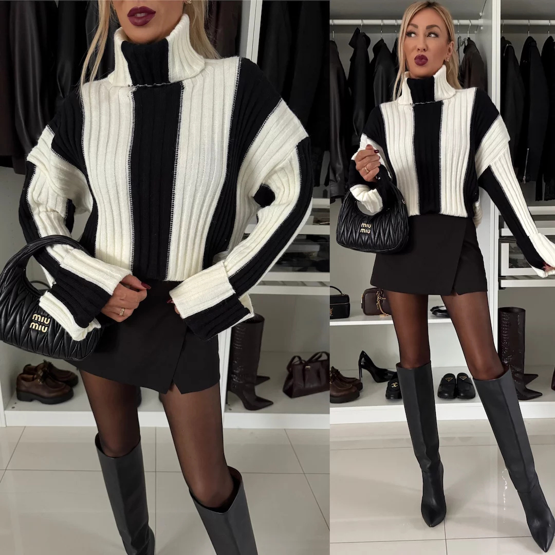 Striped Knit Turtleneck Sweater